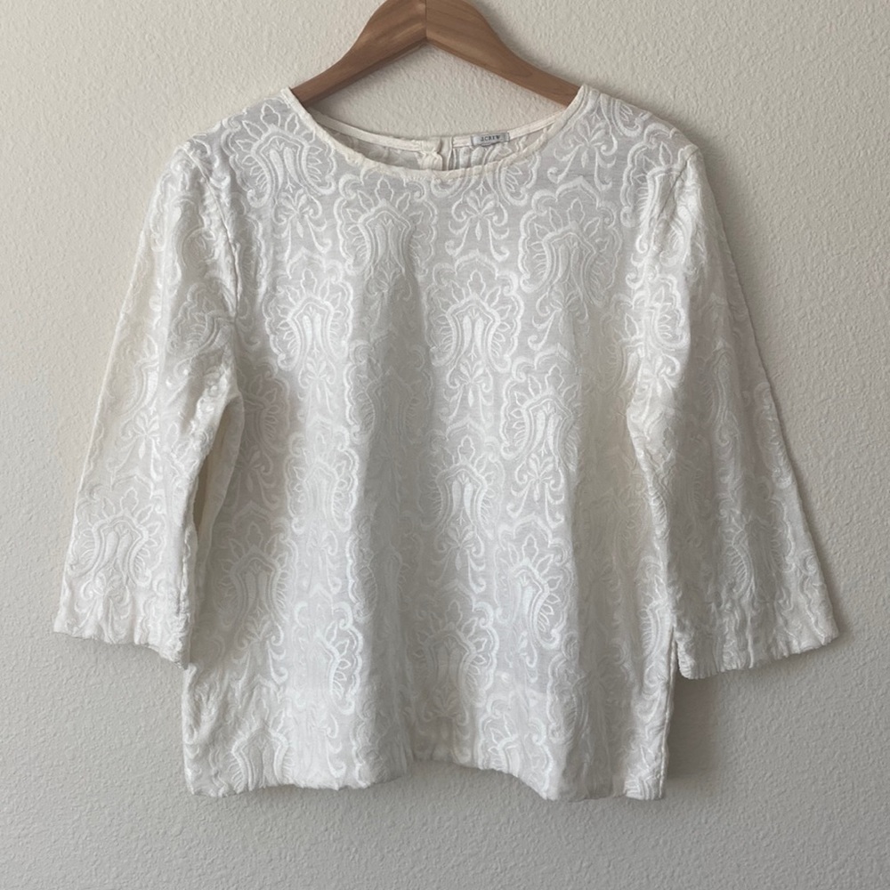 J.Crew OffWhite/Cream Woman 3/4 Sleeve Embroidered Pattern Blouse Size Medium